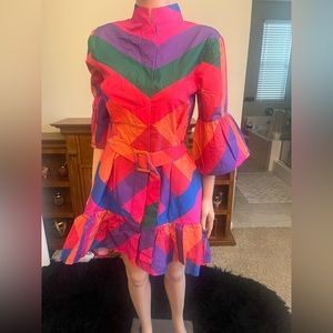 FARM RIO Amanda Stripes high-low mini dress in playfully multi-color stripes.